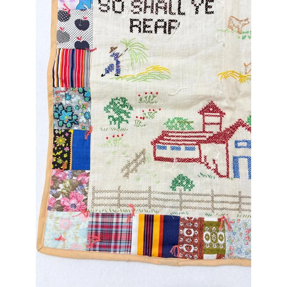 VTG Handmade Cross Stitch Quilted Patchwork Farmhouse Wall Hanging Galatians 6:7